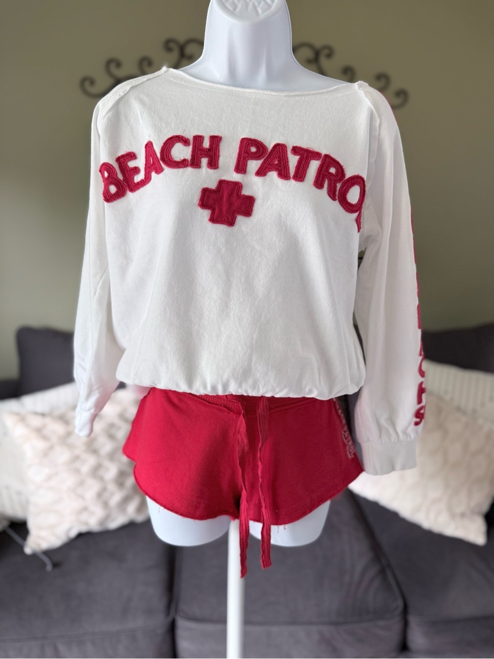 Vintage White & Red Sweatshirt/Short Set with White and Red Letters